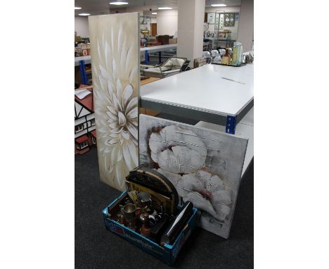 A box of battery operated compass wall clock, plated trophies, candle holders, Sky HD box, Bells decanter and two pictures 
