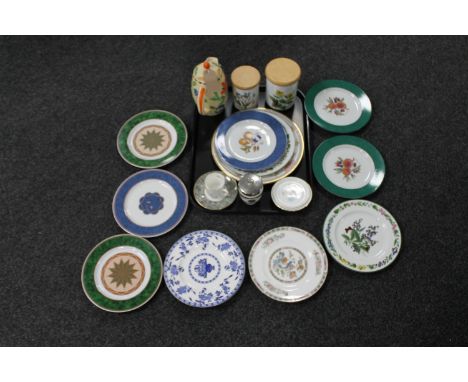 A tray of Minton Delft ware plates, Worcester egg coddler etc 
