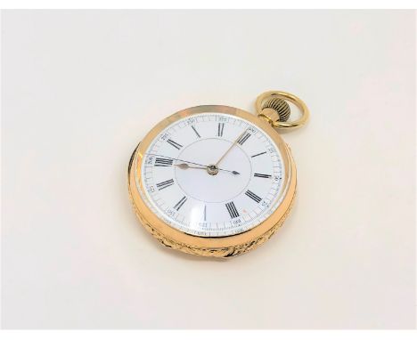 A heavy 18ct gold open faced pocket watch with repousse case edge, width 52mm.  CONDITION REPORT: 109g. The crown turns but i