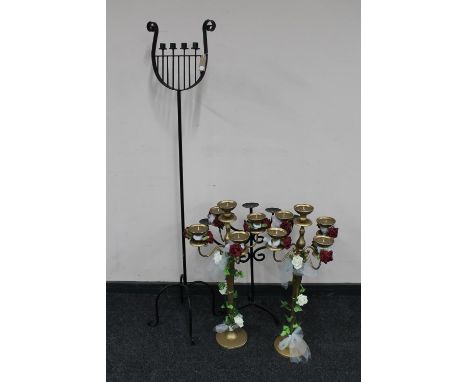 A tall metal candle stand, a pair of gilt metal candle holders and a candlestick 