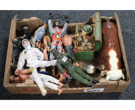 A box of music box, china bull, John Player Corgi racing car and a quantity of Action Man figures 