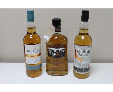 Three bottles of whisky : Highland Park 12, Glen Keith Scotch and Ardmore single malt 
