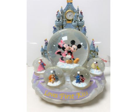 A Disney Love First Kiss Mickey Mouse working clock and light up snow globe in original box 