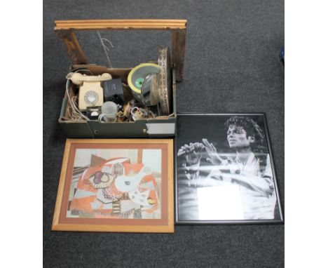 A box of Bakelite telephone, plated gallery tray, shaving mirror. glass tea light holder, paperweight, framed print, framed M