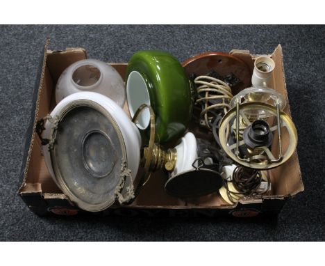 A box of brass oil lamp on wall bracket, brass table lamps, oil lamp shades 