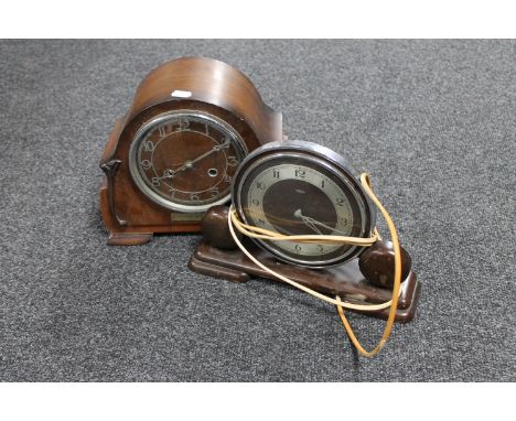 A walnut cased Art Deco mantel clock together with an electric Metamec mantel clock 