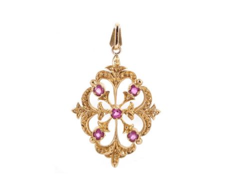 RUBY PENDANT of openwork form, set with round rubies, in nine carat goldQty: 4g