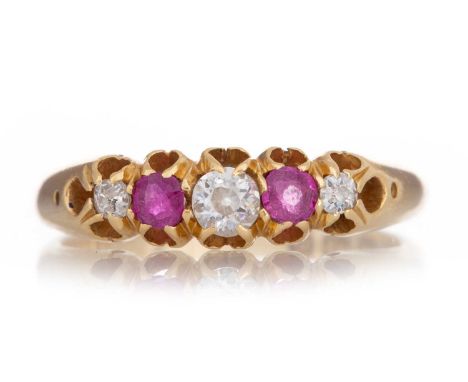 VICTORIAN RUBY AND DIAMOND RING set with old cut diamonds interspaced by rubies, in eighteen carat gold, size M 1/2Qty: 3.8gG