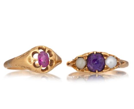 VICTORIAN AMETHYST AND PEARL DRESS RING AND ANOTHER  each in eighteen carat gold (2) Qty: 8.4g gross Amethyst ring misshapen 