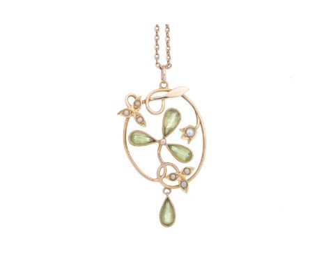 EDWARDIAN PERIDOT AND SEED PEARL HOLBEIN unmarked, on a nine carat gold chain