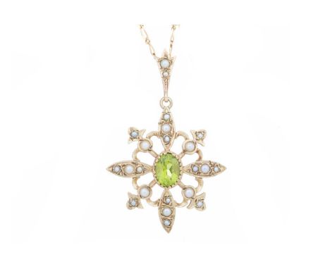 SEED PEARL AND PERIDOT PENDANT in nine carat gold, on a modern chainGenerally worn.&nbsp;All stones intact.&nbsp;Chips and ab