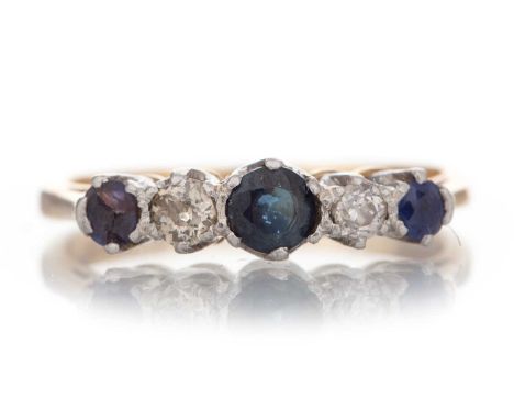 SAPPHIRE AND DIAMOND FIVE STONE RING marked 18CT, size KQty: 2.7gWell worn.&nbsp;Requires cleaning.&nbsp;Diamonds dark grey i