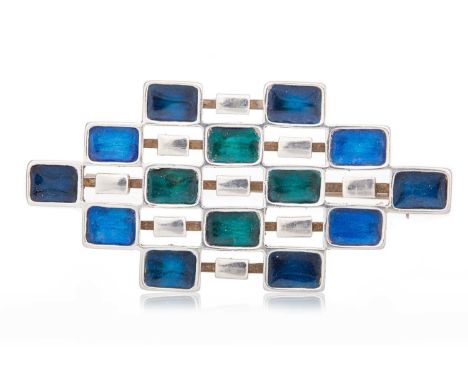 UNI DAVID-ANDERSEN, NORWAY SILVER AND ENAMEL BROOCH formed with blue and green enamelled rectangles, signed UNI DA Norway, 92