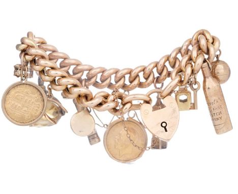 GOLD CHARM BRACELET with charms including two half sovereigns dated 1892 and 1914, other charms including a bottle of Grant's