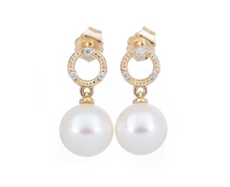 PAIR OF PEARL AND DIAMOND DROP EARRINGS the spherical pearls suspended from diamond set circles, in nine carat gold