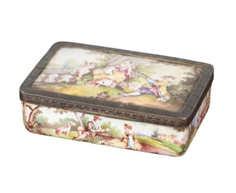 A CONTINENTAL, PROBABLY AUSTRIAN, ENAMEL AND SILVER GILT SNUFF BOX 19th century, the lid decorated with a shepherdess in an i