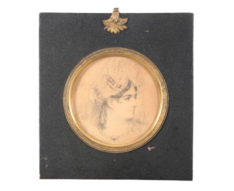 A REGENCY PORTRAIT OF A LADY early 19th century, watercolour on paper, 10.5cm wide, in an ebonised a gilt metal frame, togeth