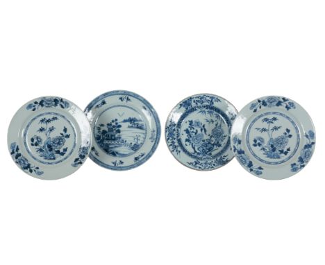A GROUP OF FOUR CHINESE EXPORT PLATES 18th century, including a pair decorated with flowers, 23cm wide, an example with chrys