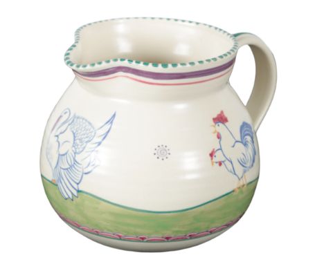 A POOLE POTTERY JUG PAINTED BY RUTH PAVELY 20th century, OK pattern, decorated with chickens, turkeys and geese, signed and s