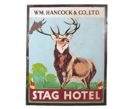 AN ENAMEL ADVERTISING SIGN FOR 'STAG HOTEL' 20th century, a WM. Hancock &amp; Co., Ltd company, 112cm high x 90cm wide