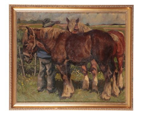 CONTINENTAL SCHOOL 20TH CENTURY, Farm Horses oil on panel, signed lower right indistinctively 'K Janick?', 48cm high x 58cm w