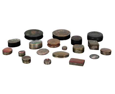 A COLLECTION OF VARIOUS BOXES 19th century and later, to include a silver box with cracked enamel top depicting trees, 6cm wi