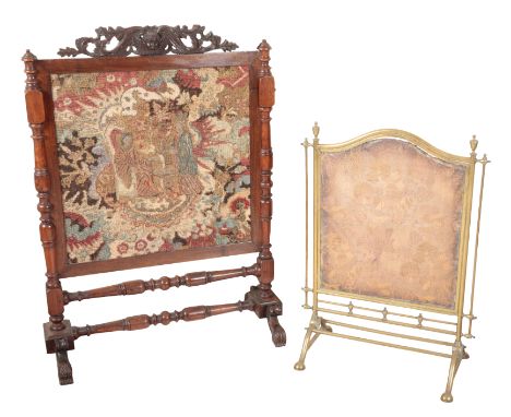 A VICTORIAN ROSEWOOD FIRESCREEN the leaf carved cresting with Cupid, inset with a 17th Century needlework panel, on turned su