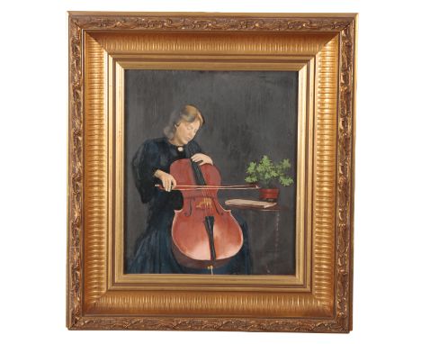 ENGLISH SCHOOL 20TH CENTURY, A portrait of a cellist Oil on paper, signed 'R H Goodwin' to the upper right, 30cm high x 25cm 