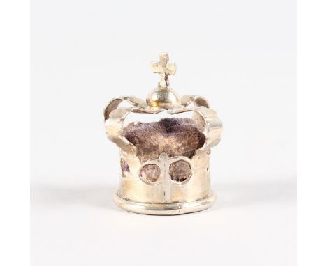 A MINIATURE CROWN PIN CUSHION. London 1958.  3.5cms high.