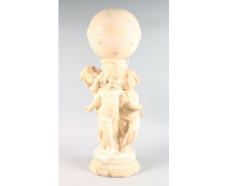 A SUPERB FRENCH MARBLE AND ALABASTER LAMP, as three young cupids holding a globe and standing on a circular base. 29ins high.