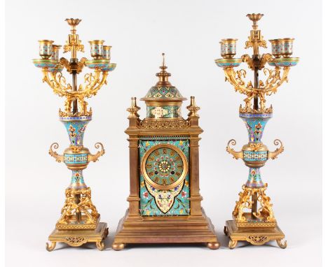 A SUPERB 19TH CENTURY FRENCH ISLAMIC DESIGN THREE PIECE CLOCK GARNITURE, the dial with eight-day movement, initialled A. & N.