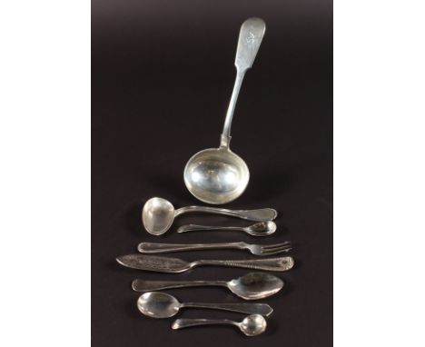 A FIDDLE PATTERN SAUCE LADLE, Exeter 1872, another ladle, jam knife, fork and four various spoons.