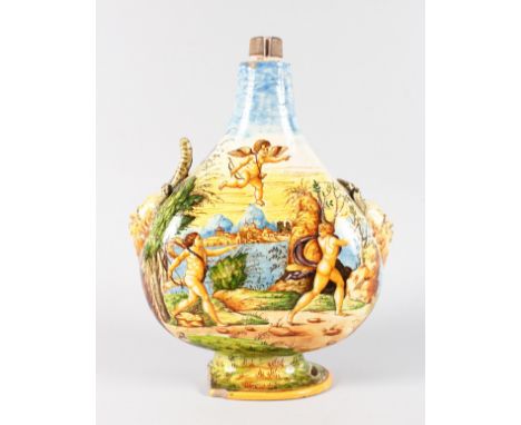 A URBINO PILGRIM FLASK, Possibly 16TH CENTURY, with mask handles, classical scene with many nudes beside a lake with building