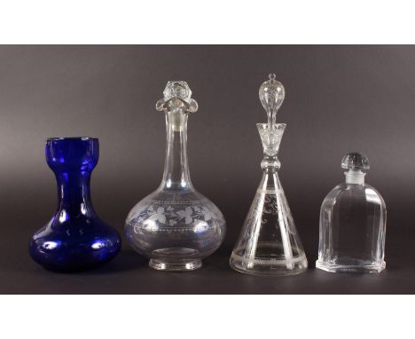 AN ENGRAVED TAPERING DECANTER AND STOPPER,  BACCARAT SCENT BOTTLE, engraved port decanter and blue hyacinth vase (4).