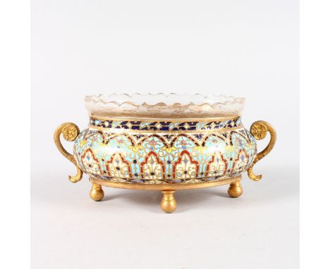 A SMALL FRENCH ORMOLU AND CLOISONNE ENAMEL OVAL TWO HANDLED BOWL with glass liner. 5.5ins long.