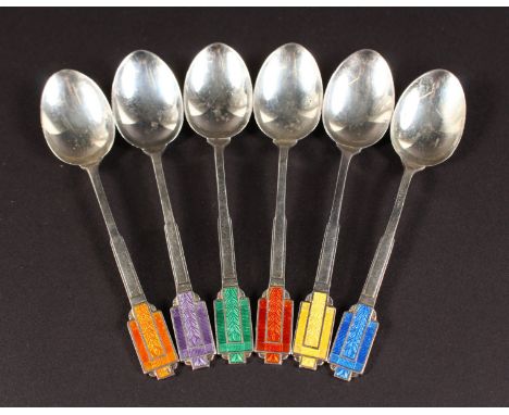 A SET OF SIX ART DECO DESIGN SILVER AND ENAMEL COFFEE SPOONS. Birmingham 1904.