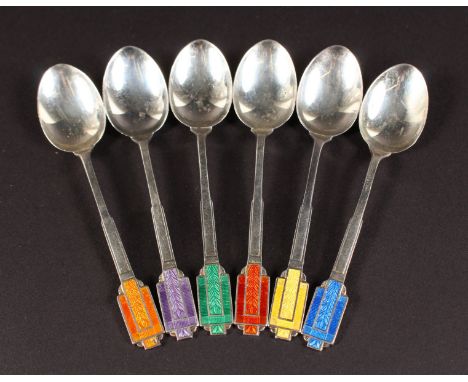 A SET OF SIX ART DECO DESIGN SILVER AND ENAMEL COFFEE SPOONS. Birmingham 1904.