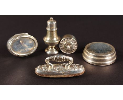 A silver mounted nail polisher, pepperette, two pill boxes and pin cushion (5).