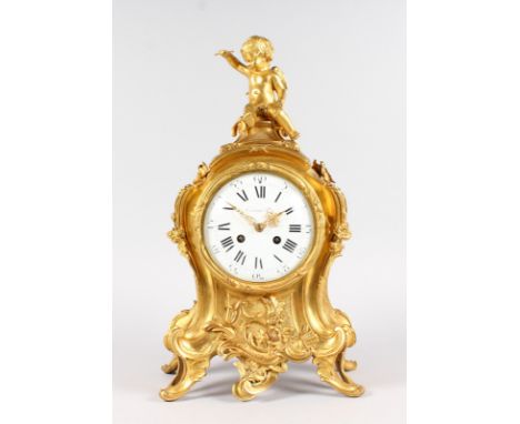 A GOOD LOUIS XVI ORMOLU CLOCK by RAINGO FRES, with black and white circular enamel dial, Roman numerals and eight day movemen