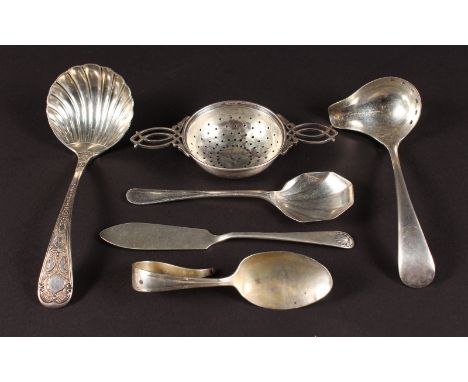 A TEA STRAINER, Sheffield 1929, CADDY SPOON, Birmingham 1928, JAM KNIFE AND SPOON and TWO LADLES (5).