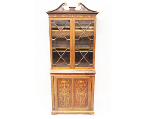 A SHERATON REVIVAL MARQUETRY INLAID MAHOGANY CUPBOARD, EARLY 20TH CENTURY, with swan neck pediment, dentil moulded and inlaid