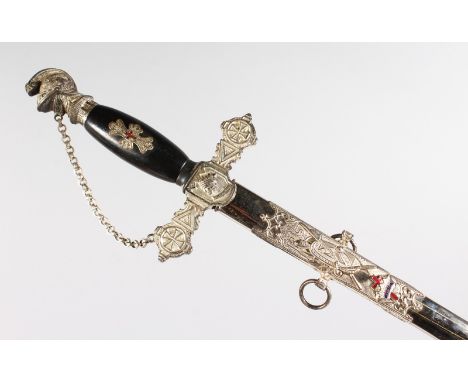A MASONIC SWORD, with black grip and enamel decoration. 3ft long.