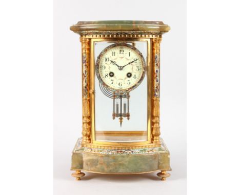 A GOOD 19TH CENTURY FRENCH FOUR GLASS CLOCK with champleve enamel decoration, eight-day movement, cream face painted with gar