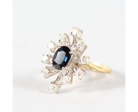 A GOOD 18CT YELLOW GOLD, DIAMOND AND SAPPHIRE CLUSTER RING.