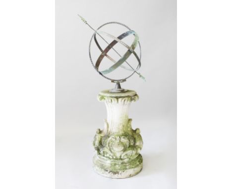 A VERY GOOD COMPOSITION AND METAL GLOBE, with arrow on a carved composition base. 4ft 2ins high, 1ft 6ins diameter.