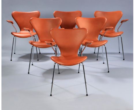 ARNE JACOBSEN (Denmark, 1902 - 1971) for FRITZ HANSEN.Set of six chairs model 3207 'Series 7', design 1955.Chromed tubular st