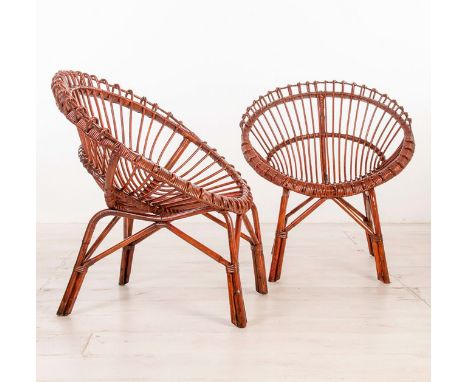 VITTORIO BONACINA (Italy, 20th c.) for BONACINA.Pair of egg-shaped armchairs, 1950s.Structure in bamboo rods.Producer Bonacin