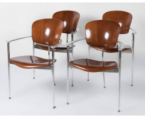 JOSEP LLUSCÁ (Barcelona, 1948) for ANDREU WORLD.Set of four chairs model Andrea, design 1987.Chromed steel, aluminium and sta