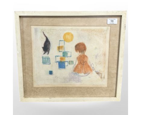 Alfred Fuchs (1925 - 2003) : Detsky Motiv - Young Girl with Cat, lithograph in colours, signed in pencil, dated '66, 24 cm x 