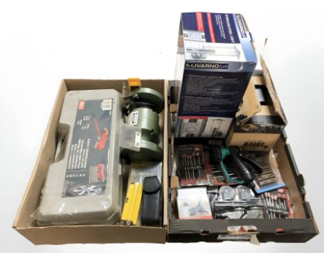 A bench grinder (Continental plug), boxed 2 ton car jar, further tools, hardware etc 
